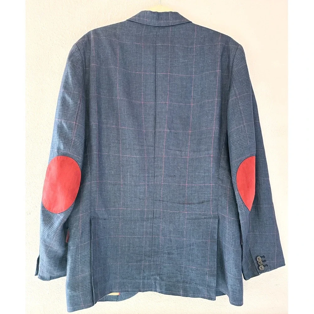 El Ganso Mens Blue Plaid Blazer Sport Coat Red Elbow Patches Two‎ Button